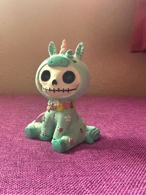 Furry Bones Mint Green Unicorn Skull Plush-Style Figurine for Kids